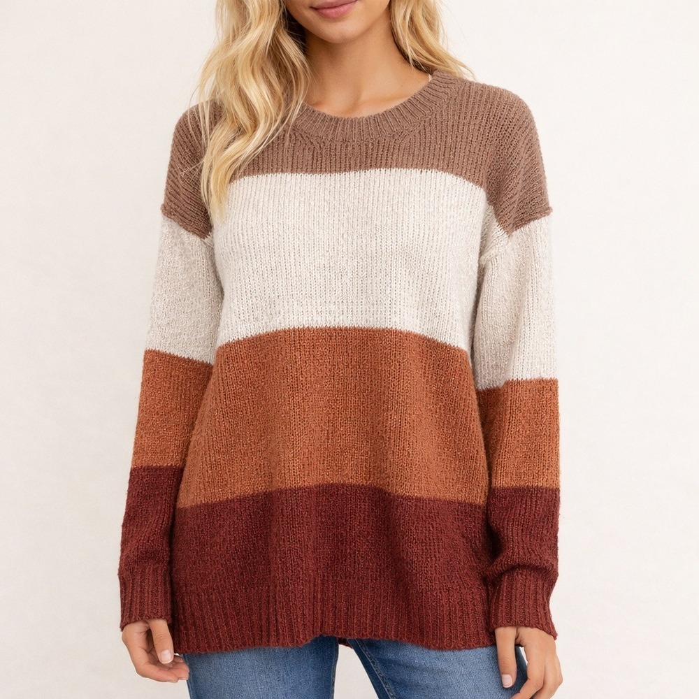 NWT Pink Rose Sweater Sz S Brown Iced Mocha Colorblock Crewneck Soft Boho Cozy